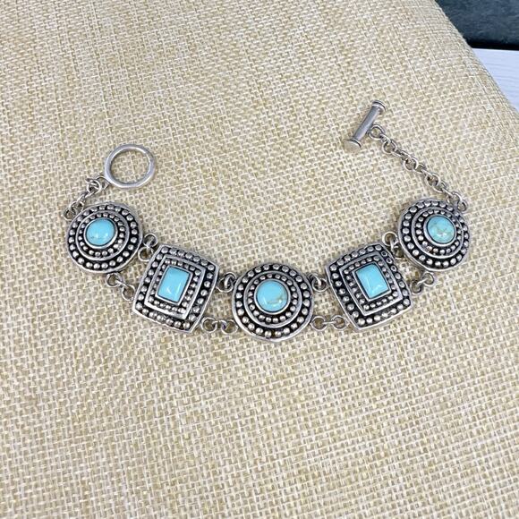 CFJ Turquoise and 925 Sterling Panel Southwestern Bracelet 6.5 inch - Picture 1 of 6